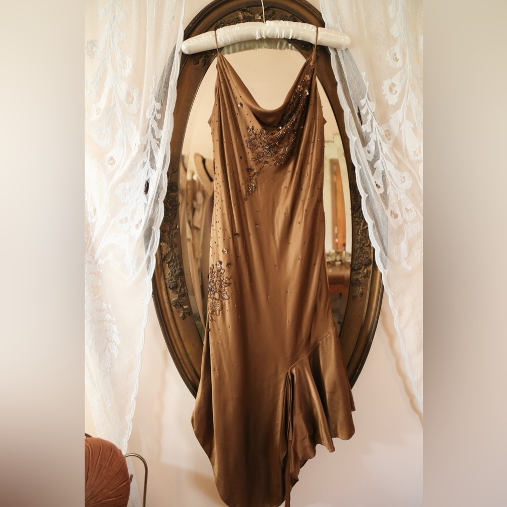 Vintage Adrianna Papell Boutique Silk Beaded Bronze Dress